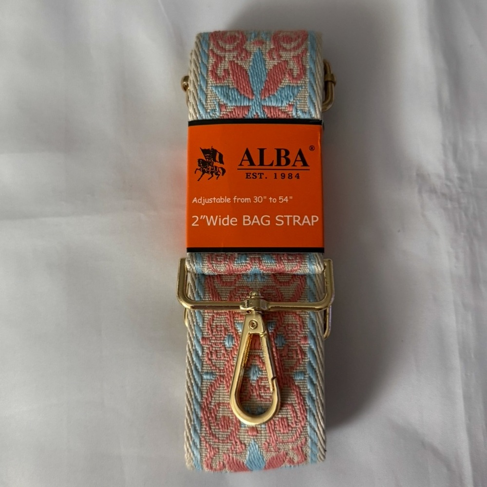 NWT Alba Aqua Blue & Pink Patterned Woven 2” Wide Bag Strap w/ Gold Hardware